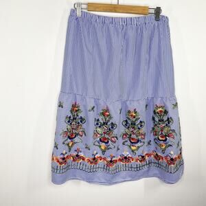 Magic Womens Midi Skirt Size XL NWT Blue Striped Embroidery Resort Boho Vaca